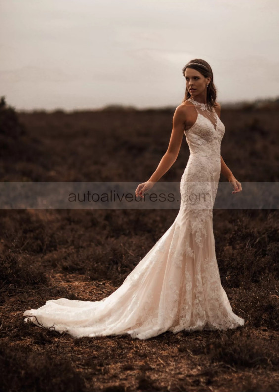 Ivory Lace Tulle Sheer Buttons Back Modern Wedding Dress